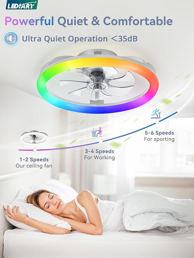 LEDIARY RGB Low Profile Ceiling Fans with Lights and Remote, 20 Inch Dimmable Modern Fan Light(3000K-6000K), 6 Speed, Reversible, APP & Remote Control, Flush Mount Ceiling Fan for Bedroom, Grey