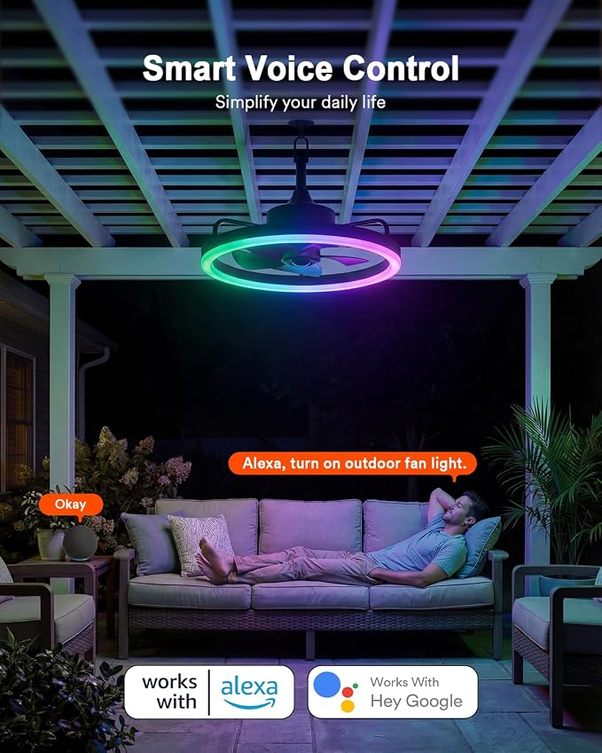 Lumary Smart Gazebo Ceiling Fans with Color Lights for Patios Outdoor, 20in | RGBAI+White Dimmable, Wi-Fi Bluetooth Connect, Work with Alexa/Google/APP, Waterproof Plug in Ceiling Fan with Hook/Remote