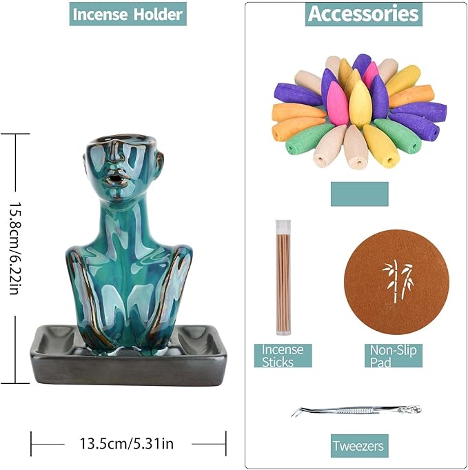 YYW Statue Backflow Incense Holder Incense Burner Waterfall Aromatherapy Ornament Home Decor with Incense Cones and Incense Stick (Blue)