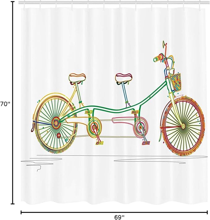Ambesonne Bicycle Shower Curtain, Colorful Tandem Bicycle Design on White Background Pattern Clipart Style Print, Cloth Fabric Bathroom Decor Set with Hooks, 69" W x 70" L, Jade Green