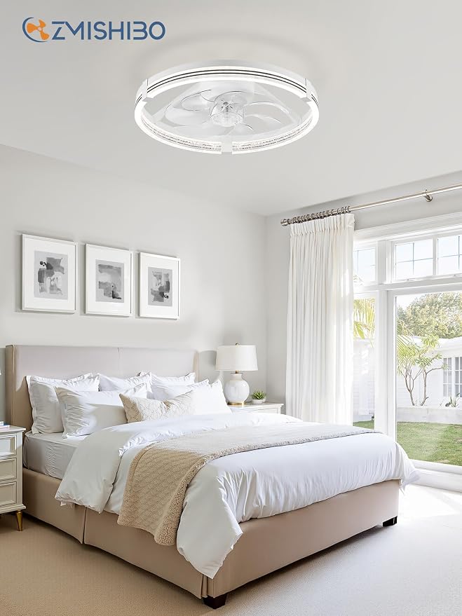 ZMISHIBO Ceiling Fan with Light and remote, 20'' Low Profile Ceiling Fans | Flush Mount Modern Ceiling Fan and Remote Control, 3000K-7000K Dimmable, Modern Fandelier for Bedroom, Living Room