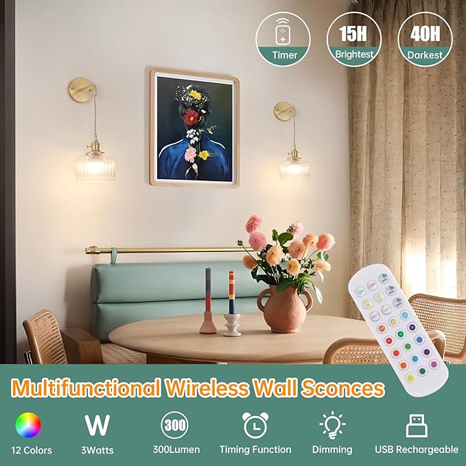 Shenmoyl Battery Operated Wall Sconce with Clear Striped Shade Pattern Glass Adjustable Chain Retro Gold Wall Mounted Light, Modern Wall Lamp Fixtures Decor for Bedside Bedroom Indoor Doorway