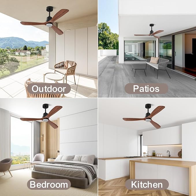 Obabala 52 Inch Ceiling Fans with Lights and Remote Control-Outdoor Ceiling Fan Walnut Wood 3 Blade for Bedroom Living Room Indoor Farmhouse Patio, Reversible Noiseless DC Motor