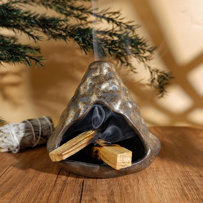 MOUGIGI Black Gold Palo Santo Incense Burner-Unique Zongzi-Shaped Clay Smudge Bowl for Sage,Copal, and Stick Incense-Mini Chiminea for Zen Meditation,Yoga,Altar,Aromatherapy & Energy Cleansing Decor