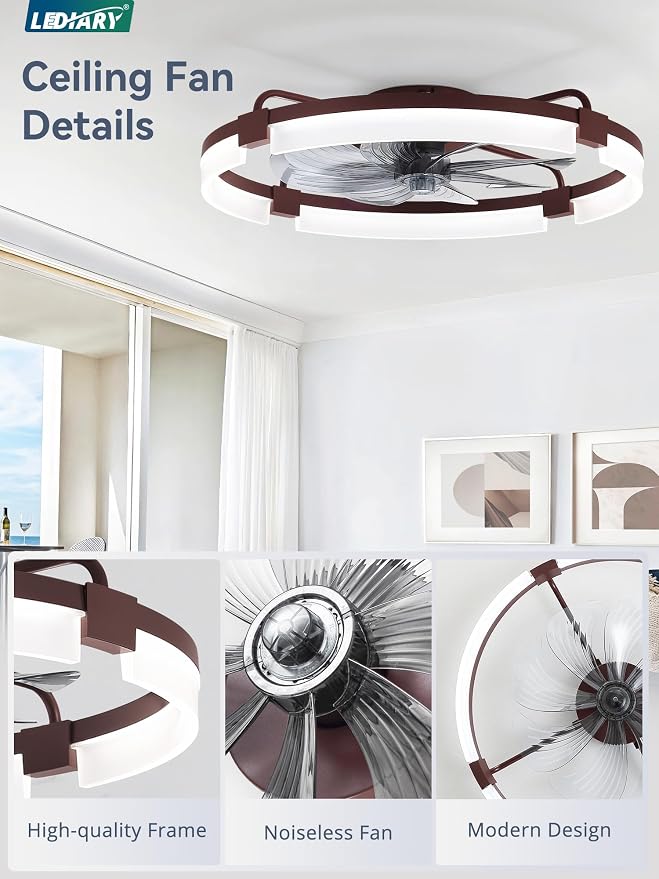 LEDIARY 24" Ceiling Fans with Lights and Remote, Modern Low Profile Ceiling Fan, 3 CCT, Stepless Dimmable, Fandelier Flush Mount Fan Light, 6 Speeds, DC Motor, App & Remote Control for Bedroom(Brown)