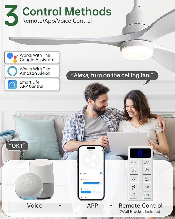 Sofucor 52 Inch Smart Ceiling Fans with Lights for APP/Remote/Voice Control | Downrod Mount, White Wood Blade,1/4/8 H Timer, 3CCT Dimmable 6 Speed, Quiet DC Motor, Outdoor Bedroom/Living Room/Patio
