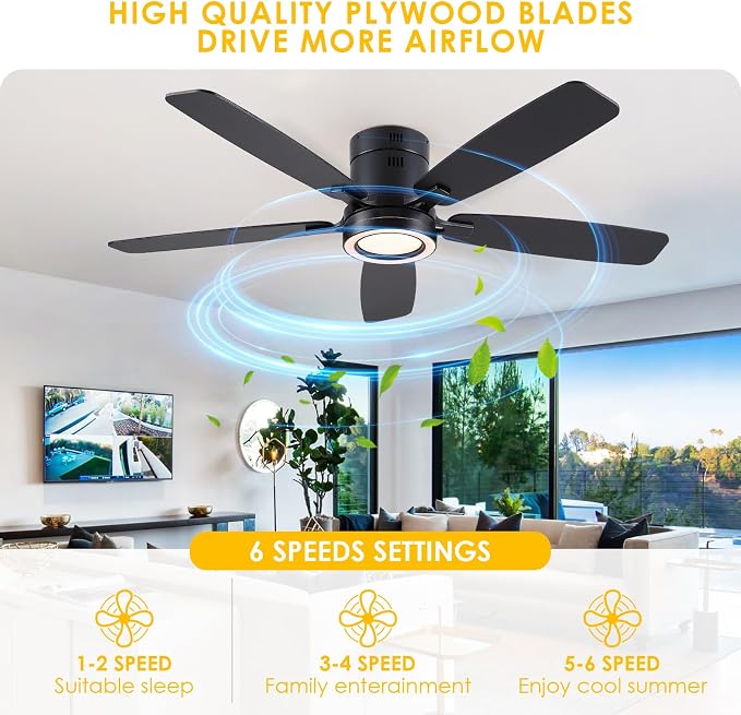 52 Inch Modern Ceiling Fans with Lights Flush Mount Indoor, Black | Low Profile, Dimmable LED, Reversible, Quiet DC Motor, Wooden Blades, for Modern Apartment Bedroom Home Office Living Room