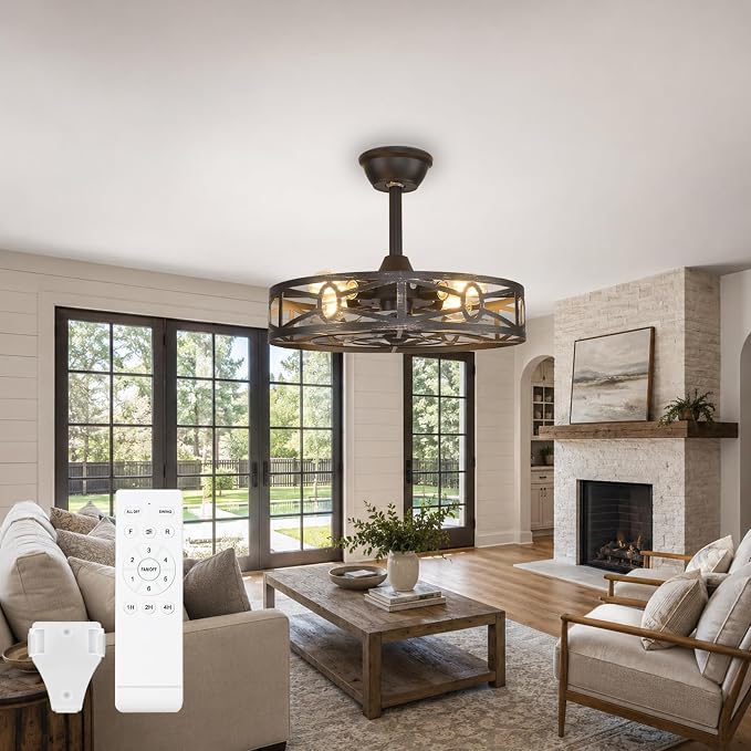 Depuley Caged Ceiling Fans with Light: 20-Inch Bronze Metal Enclosed Farmhouse Fandelier for Kitchen Bedroom - Industrial Semi Flush Mount Ceiling Fan with Remote 6 Speeds Reversible Motor Timer