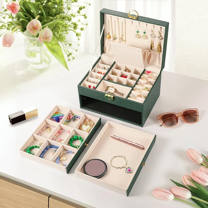 coobest 3 Layer Jewelry Box, Jewelry Holder Organizer with 2 Drawer Tray, Large boxes for Women Velvet Earring Organizer, Lockable & Organizers, Birthday Gifts for Women Mom, Green