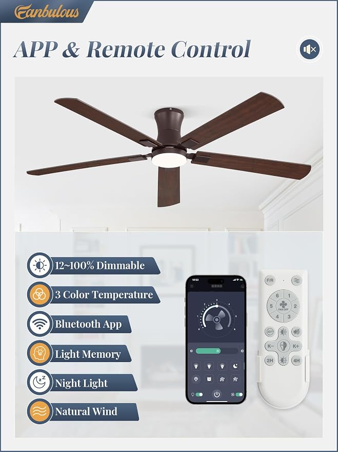 Fanbulous 60 inch Ceiling Fan with Light, Low Profile Ceiling Fan with Light, App&Remote Control, Dimmable LED Light, Flush Mount Ceiling Fan for Indoor Bedroom Living Room, Qiuet DC Motor