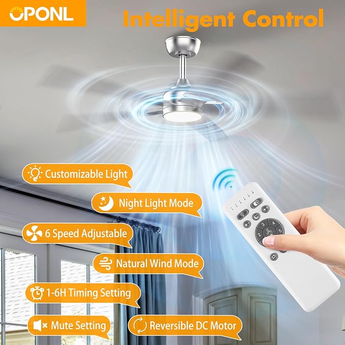 OPONL Ceiling Fan with Light, Ceiling fan with Light and Remote Control, Reversible, 6CCT, Dimmable, Noiseless, Ceiling Fan for Bedroom, Indoor/Outdoor Use, Nickel, 52 inch, Modern