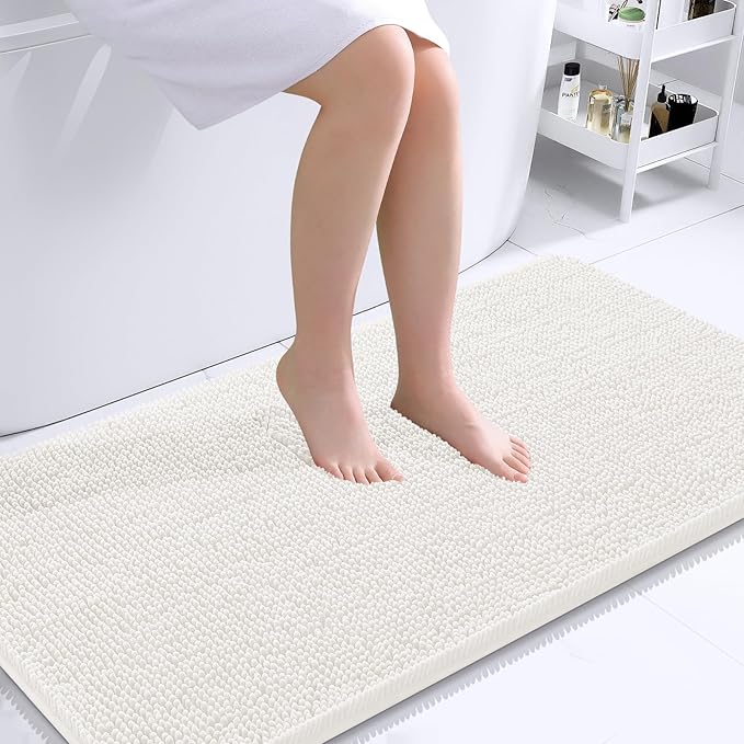 OLANLY Bathroom Runner Rugs 44x24, Extra Soft Absorbent Chenille Bath Rugs, Rubber Backing Quick Dry, Machine Washable Long Bath Mats for Bathroom Floor, Tub and Shower, Home Decor Accessories, Ivory