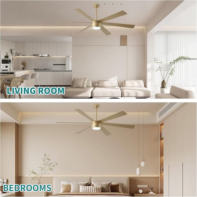 SHOWDI Gold Ceiling Fans with Lights and Remote, Quick Installation, 72 in | 2 Blade Color, Metal Material, App Remote Control, Timer, Reversible, 3CCT, Dimmable for Bedroom, Living room, Indoor
