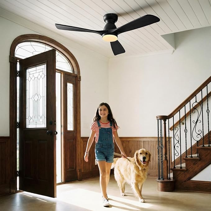 52in Smart Flush Mount Ceiling Fans with Lights,Outdoor Low Profile Wood Ceiling Fan Quiet DC Motor,Work with Alexa/Gg Voice Control/App/Remote,Dimmable,6-speed, Easy Install for Patio,Porch,Black