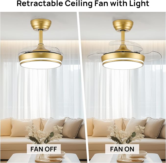 STERREN 30" Retractable Ceiling Fans with Lights, Dimmable LED Ceiling Fan Remote Control, Modern Small Fan Light for Bedroom Living Room Dinning Room Kitchen, 3000K-6500K, 6 Speed (Golden)