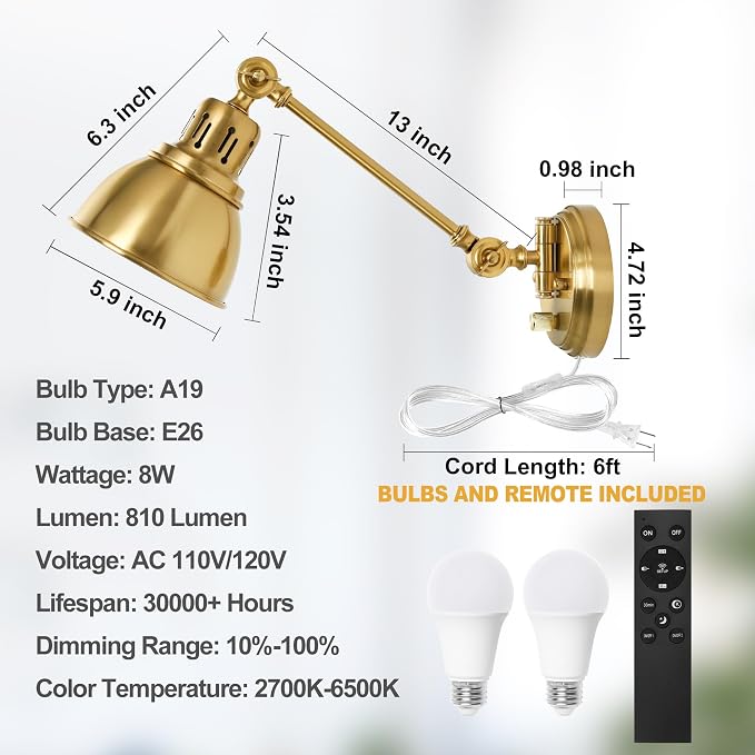 GOODATE Plug in Wall Sconces Set of Two with Remote, Stepless Colors 2700K-6500K & Stepless Dimming, Premium Golden Finish, Plug in Wall Light with Night Light & Timer, LED Bulbs Included