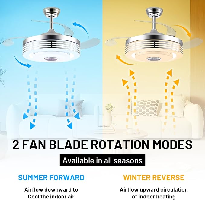 42" Modern RGB Ceiling Fan with Lights and Bluetooth Music Speaker,Color Change Motor Retractable Fandelier Ceiling Fan with Light and APP/Remote,6 Speed Silent Chandelier Fan for Bedroom Living Room