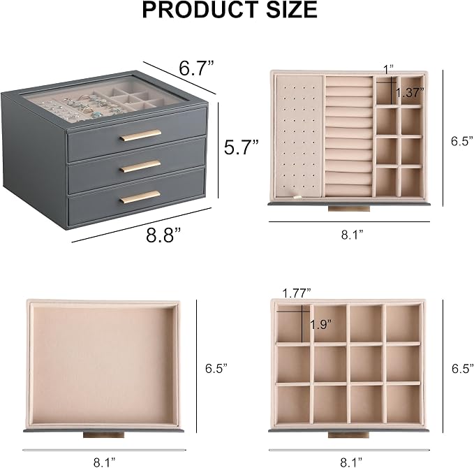 Frebeauty Jewelry Box for Women,Clear Lid Jewelry Organizer with 3 Drawers | Faux Leather,Velvet Lining,3 Layers,Jewelry Storage for Ring Earring Stud,Dustproof Design,Gift Choice,Golden Stylish Handle