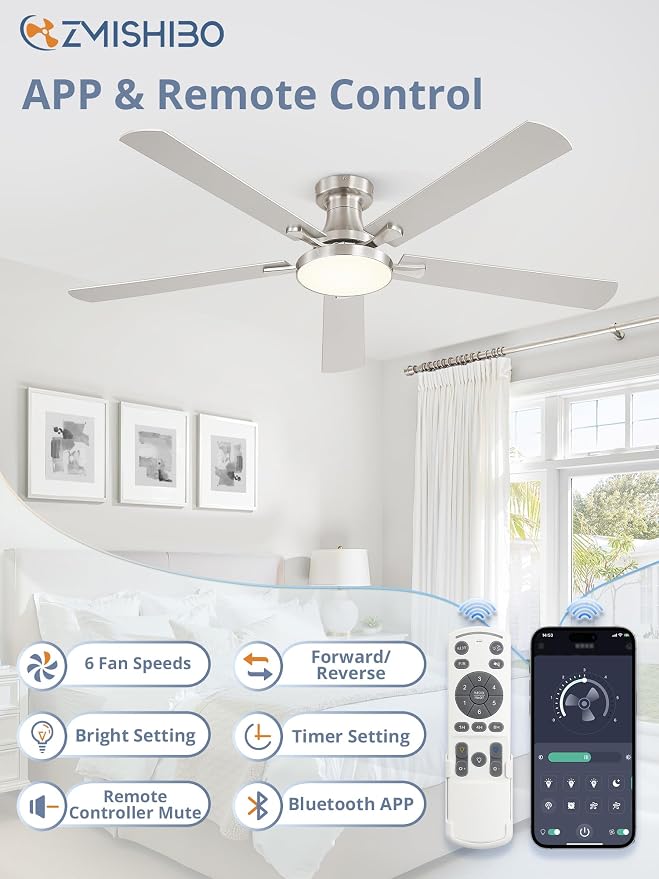 ZMISHIBO 60 Inch Flush Mount Ceiling Fan with Light, Remote&APP, Nickel | 6-Speed Quiet DC Motor, Dimmable 24W LED with 3CCT (3000K-6500K), Modern Low Profile for Living Room, Bedroom, Kitchen