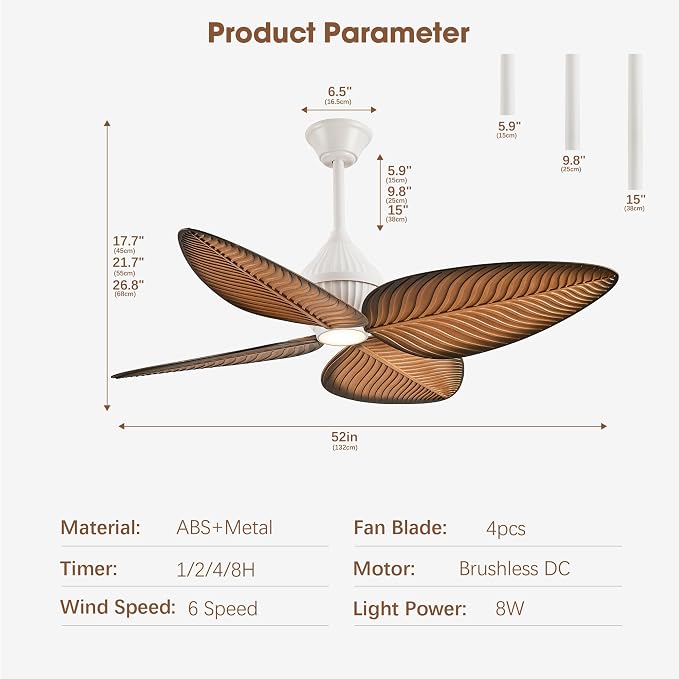 52"Tropical Ceiling Fans with Lights, Indoor Palm Leaf Ceiling Fan with Light and Remote for Living Room Bedroom, ABS Blades, Dimmable LED Lights, 6 Speeds, Adjustable Height-Light Wood Grain