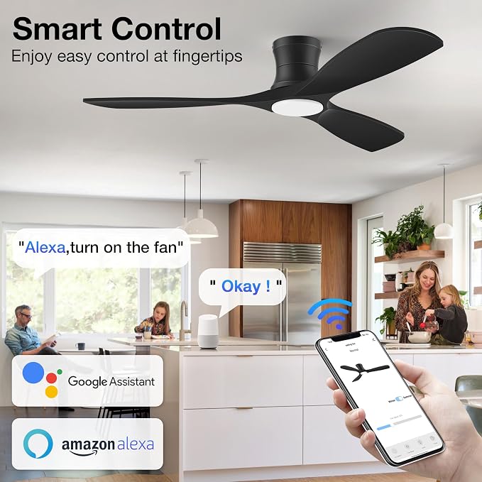 52” Smart Low Profile Ceiling Fans with Lights Remote,Wood Flush Mount Modern Ceiling Fan for Bedroom Living Room Patio,WIFI Alexa App Control,Outdoor Indoor Use,Matte Black,Ultra-Quiet,Dimmable LED