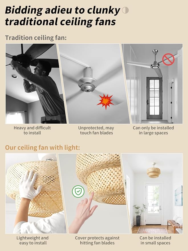 SYDACG Boho Ceiling Fans with Lights, 20" Rattan Ceiling Fan with Light Remote Control, Caged Fandelier with 6 Speeds for Bedroom, Nursery, Living Room