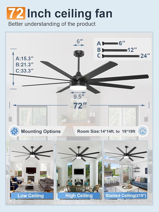 YUHAO 72 Inch Black Ceiling Fan with Light and Remote Control.Noiseless,Dimmable,3CCT,6 Speeds Reversible, DC Ceiling Fans for Indoor or Covered Outdoor Use.ETL Listed