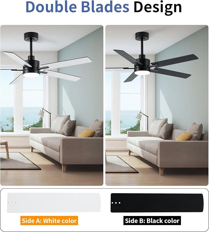 LANMEL 52'' Black Ceiling Fans with Lights and Remote, 6 Speed Low Profile Modern Ceiling Fan with Quiet DC Motor for Indoor Outdoor Bedroom Living Room
