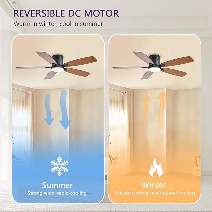 FUMLTP 52inch Ceiling Fans with Lights, Low Profile Ceiling Fan with Light and Remote Control/APP Control, Flush Mount, Reversible Motor, Dimmable, Noiseless, Brown Ceiling Fan for Bedroom (Brown)