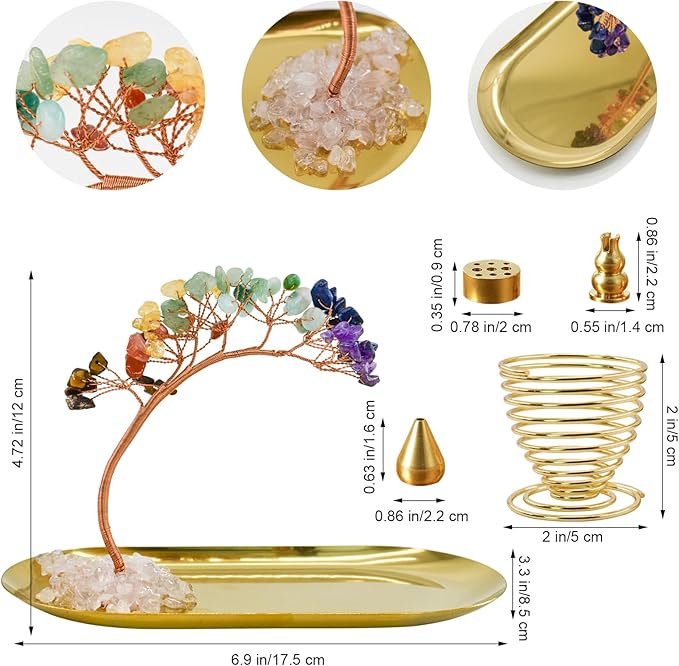 5 in 1 Incense Burner, 7 Chakra Crystal Tree Incense Holder Palo Santo Holder Sage Burner for Incense Sticks Brass Ash Catcher for Yoga Meditation Home Decor