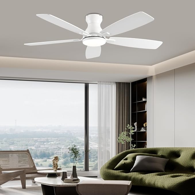 NKPU Ceiling Fans with Lights, Low Profile Ceiling Fan with Light and Remote/APP Control, DC Motor, Noiseless, Flush Mount, 52inch White Ceiling Fan for Bedroom Indoor/Outdoor Use