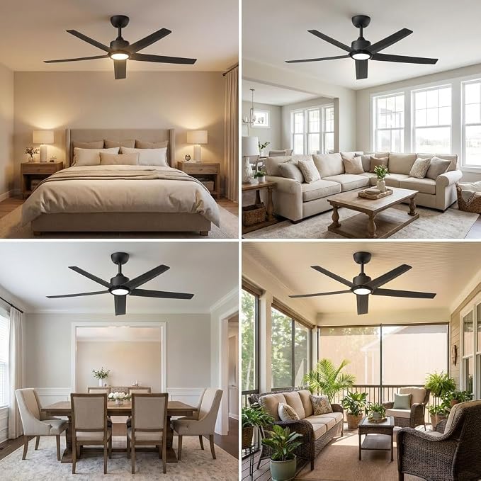 ocioc Ceiling Fans with Lights, 52 inch Black Ceiling Fan with Light and Remote Control, 3CCT, Quiet DC Motor, 5 Blades Modern Ceiling Fan for Living Room Farmhouse Bedroom