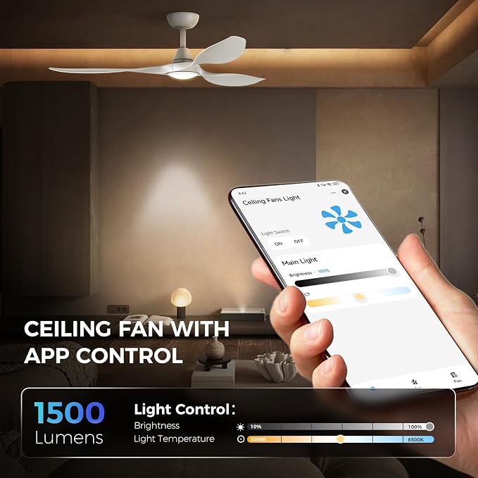 Roomratv Ceiling Fans with Lights and Remote Control,Quiet Noiseless Reversible DC Motor,6 Speeds,Timers, 3 CCT, Indoor Use, Plastic Blades,52 Inch White Ceiling Fan Smart APP Control for Living Room