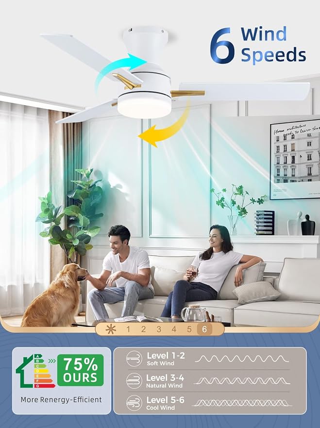 LANMEL 42 Inch Flush Mount Ceiling Fan with Light, App&Remote Control, Low Profile Modern Ceiling Fan, 6 Speed, Reversible, 3000k-6500k Dimmable LED, Quiet DC Motor for Indoor Outdoor, Gold White