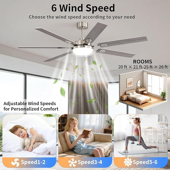 64 Inch Ceiling Fans with Lights and Remote,Living Room Office Library Cafe Outdoor, 5CCT Dimmable, Dual Color 7 Blades, 6 Speed Reversible Quiet DC Motor, Dual-Layer Shade, Sand-nickel/Wood Grain