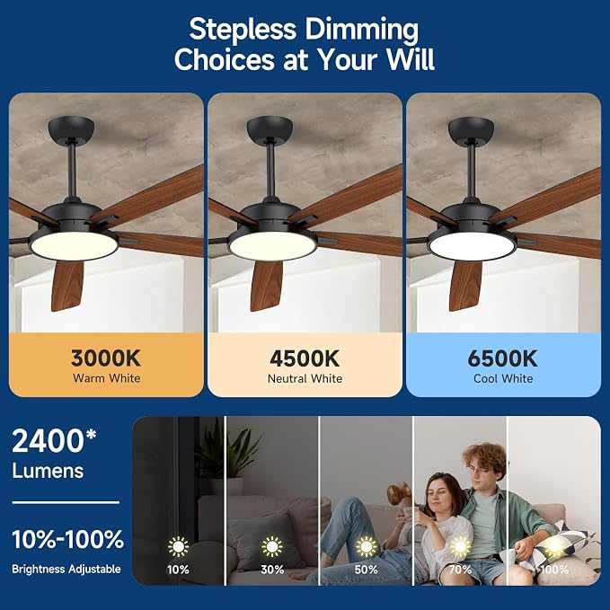 Roomratv Ceiling Fans with Lights,62 Inch Smart Ceiling Fan,Remote and App Control,Dimmable,Reversible,Noiseless, Compatible with Alexa,Google Home,Large Black Modern Ceiling Fan for Indoor/Outdoor
