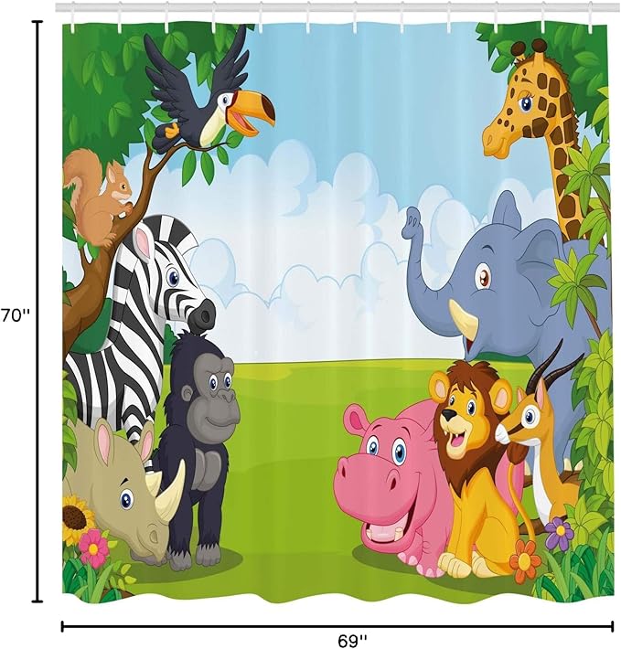Ambesonne Animal Shower Curtain, Colorful Design Savannah Themed Cartoon Animals Image Art Forest Woodland Print, Cloth Fabric Bathroom Decor Set with Hooks, 69" W x 70" L, Multicolor Sky Blue