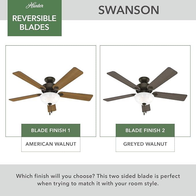 Hunter Swanson, Indoor, Ceiling Fan, with LED Light, 52 inch, New Bronze | Standard Mount, Pull Chain, 5 Blades, For Bedroom, Living Room, Kitchen, 50901