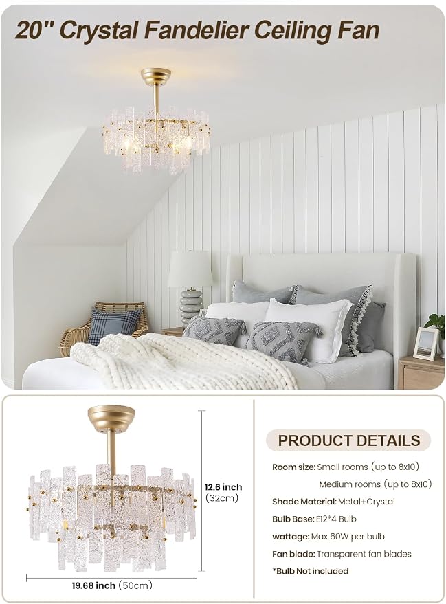 20" Gold Fandelier Ceiling Fan with Light,Gold Crystal Chandelier Ceiling Fans with Lights and Remote Control,Mid-Century Modern Caged with 6 Speeds for Living Room Bedroom Nursery