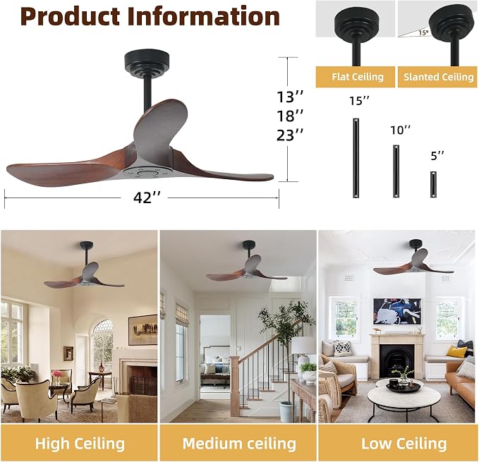 Outdoor Ceiling Fan Without Light, 42Inch Smart Ceiling Fan with Remote & Voice Control for Compatible with Alexa/Google, 3-Blade Wood Fan, Quiet DC Motor, 6 Speeds for Patio, Porch, Farmhouse