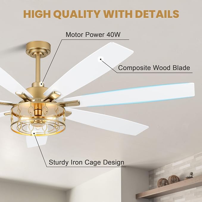 Dawn Whisper 72 Inch Large Ceiling Fans with Lights Modern White Gold Farmhouse Ceiling Fan for Living Room Bedroom 6 Speed Reversible Quiet DC Motor