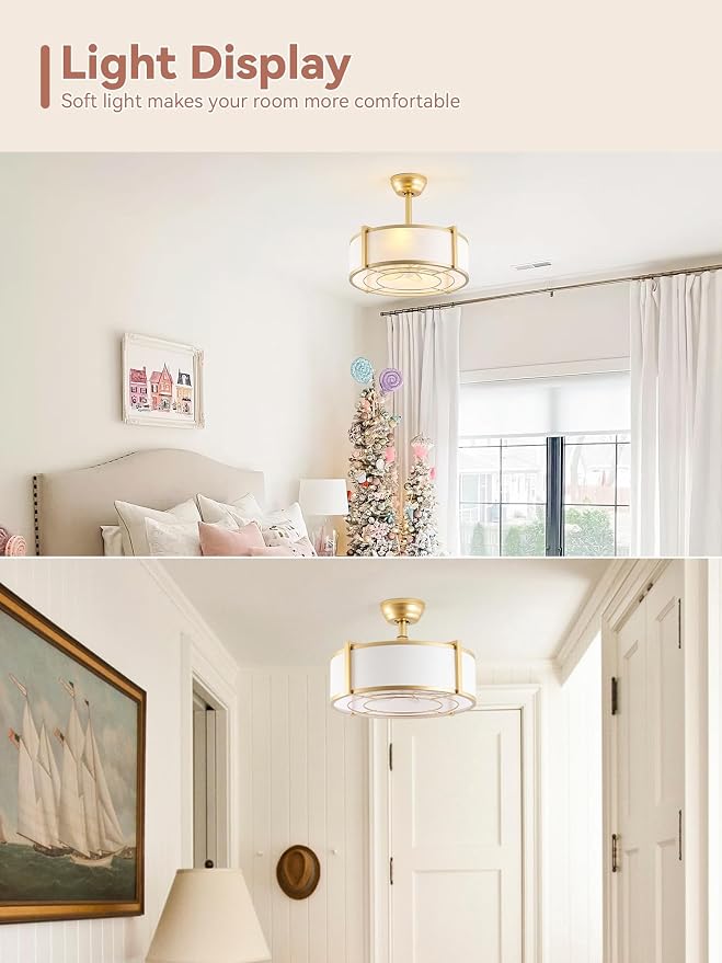 20" Gold Fandelier Ceiling Fans with Lights, Boho Rattan Ceiling Fan with Light Remote Control, Caged Mid-Century Modern with 6 Speeds for Bedroom, Nursery, Living Room