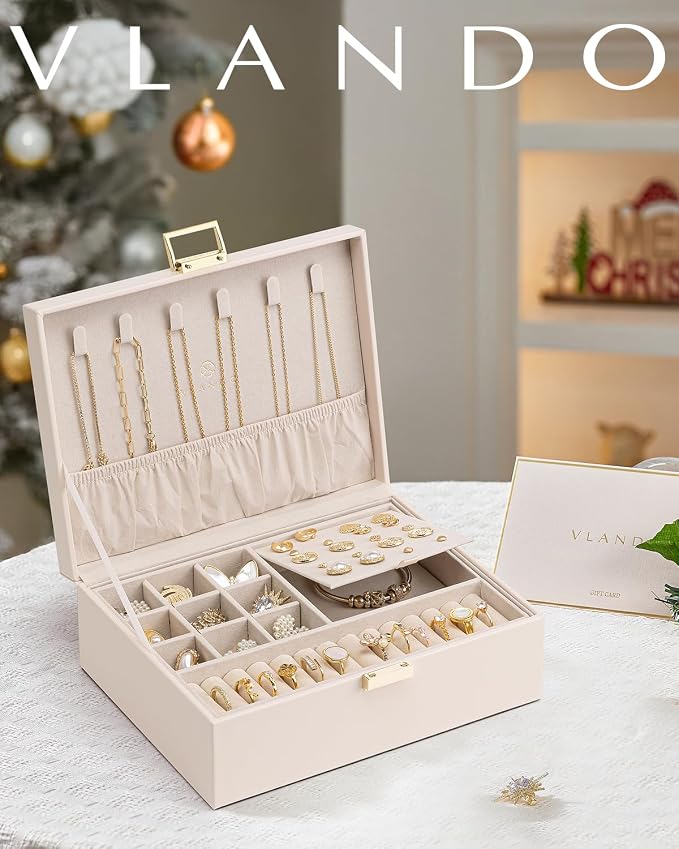 VLANDO 2 Layer Jewelry Box Large Jewelry Organizer for Women Removable Jewelery Tray for Necklace Earrings Rings Bracelets Mothers Gifts for Mom Wife (Light Pink)