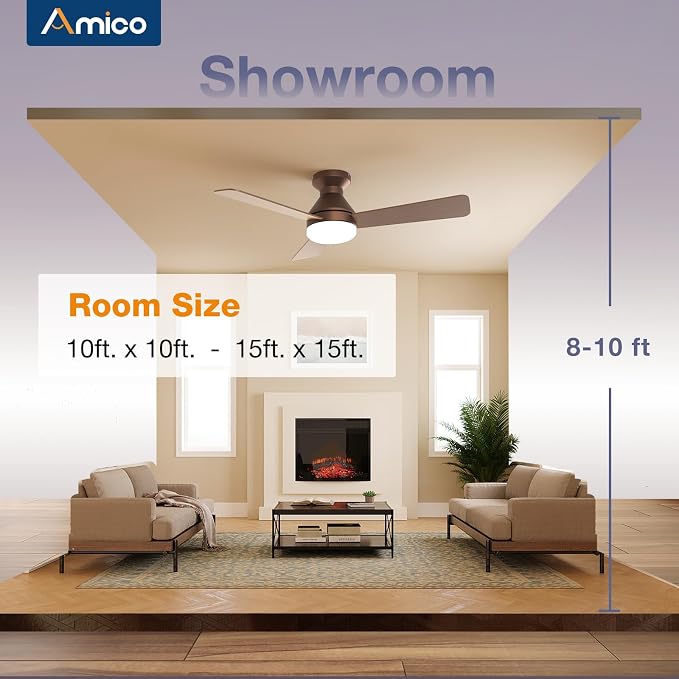 Amico Ceiling Fans with Lights, 42 inch Low Profile Ceiling Fan with Light and Remote Control, Flush Mount, Reversible, 3CCT, Dimmable, Noiseless, Brown Ceiling Fan for Bedroom, Indoor/Outdoor Use