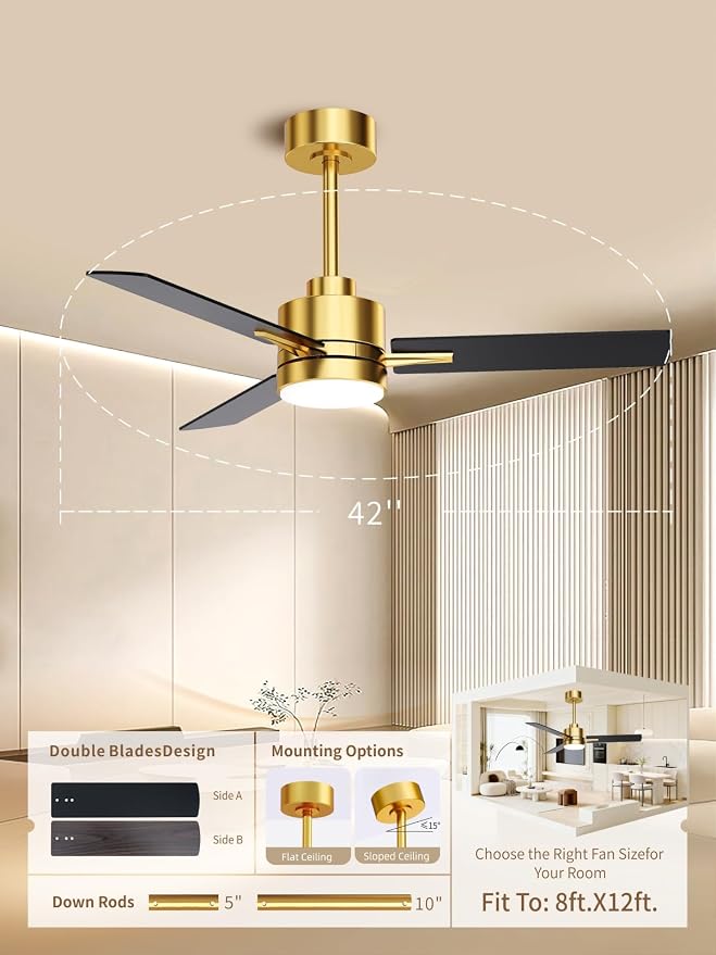 LANMEL 42'' Black and Gold Ceiling Fans with Lights and Remote, 6 Speed Low Profile Modern Ceiling Fan with Quiet DC Motor for Indoor Outdoor Bedroom Living Room