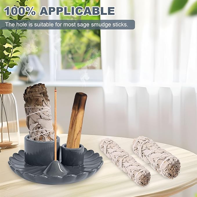 4 in 1 Incense Holder, Ceramic Palo Santo Holder, Sage Holder for Burning, 5.3" Ceramic Ash Catcher Tray for Meditation Yoga Room