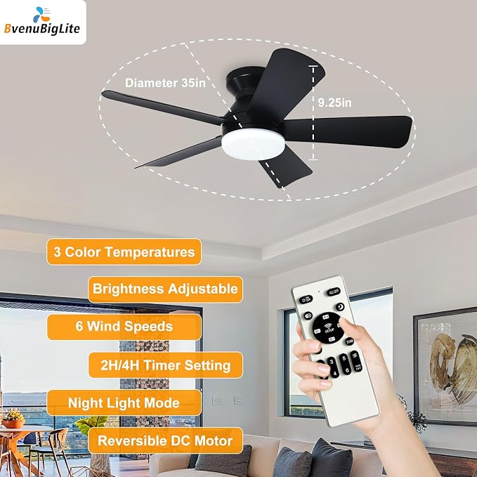 Ceiling fans with lights and Remote: 35 Inch Ceiling Fan with Light Low Profile - Flush Mount Ceiling Fan 5 Blades Reversible 3CCT Dimmable Noiseless for Bedroom (Black)