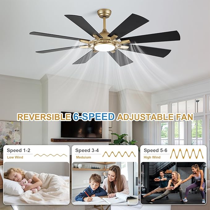 Bella Depot 60" Black and Gold Ceiling Fan with Light & Remote | Dimmable LED Light, 3CCT, 6-Speed Quiet Reversible DC Motor, Timer, Modern Indoor Ceiling Fan for Bedroom Living Room Patio