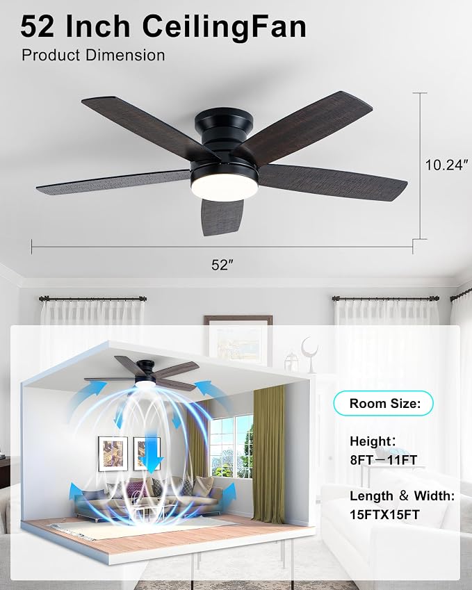 Coolwind 48in Flush Mount Ceiling Fan with Light, Display Remote/APP Control, Black Modern Silent Low Profile Ceiling Fan, 8 Speeds, Dimmable, 3CCT, DC Reversible Motor for Bedroom, Living Room