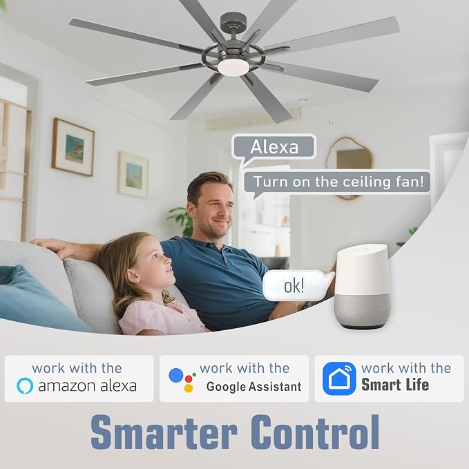 72 Inch Smart Ceiling Fan with Light and Remote, Silver Ceiling Fan with Quiet Reversible DC Motor, Compatible with Alexa/Google/APP, 3CCT Dimmable Large Indoor/Outdoor Ceiling Fans for Patio